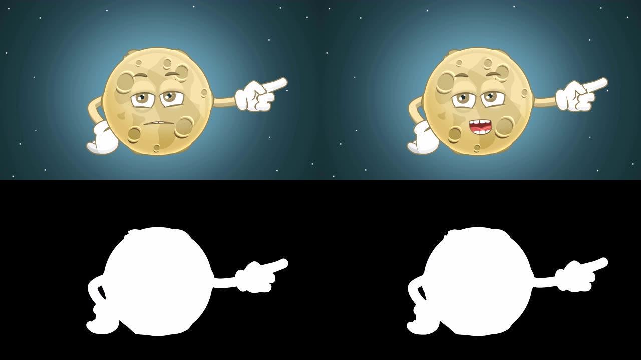 卡通可爱月亮不快乐右指针用阿尔法哑光面部动画说话