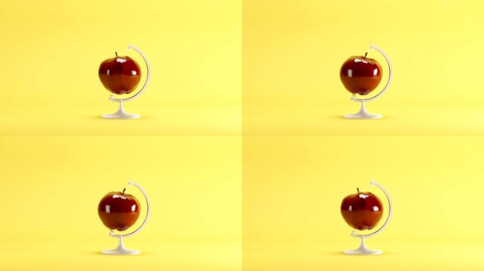 红苹果转身模仿黄色背景上的最小想法概念。3D动画