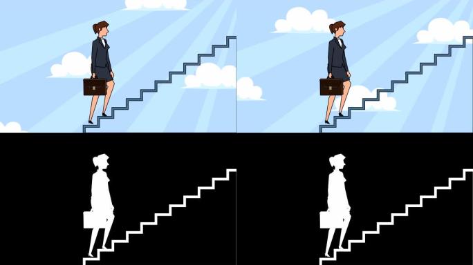 平面卡通女商人角色带箱包登上职业阶梯楼梯概念动画
