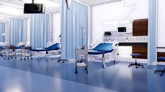 在空荡荡的急诊室3D动画中没有人的病床