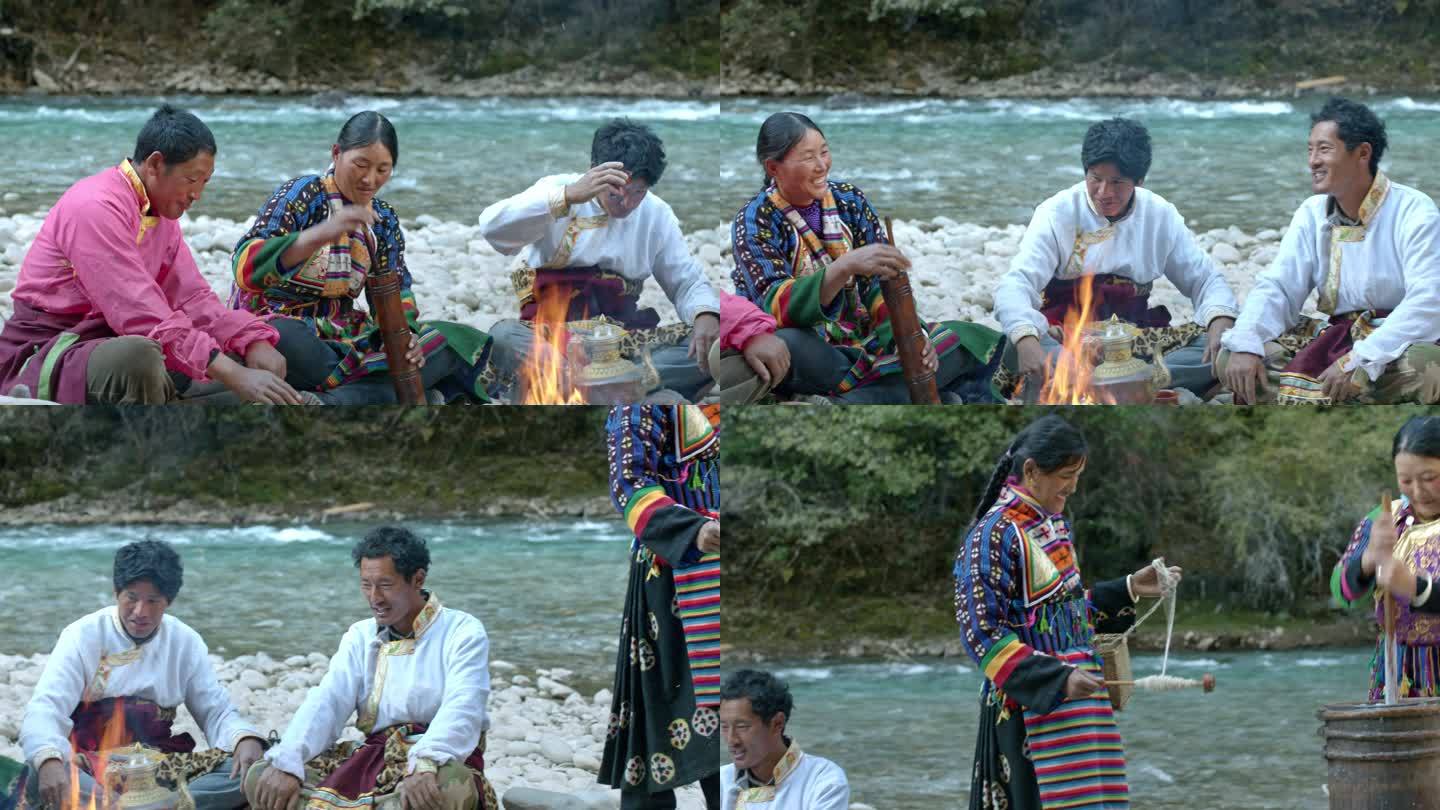 藏族人民在河边劳作生活聚会纺线织布打酥油茶喝茶