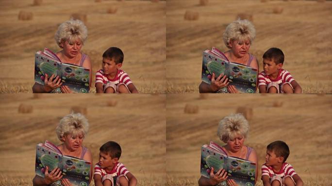 母亲给儿子读书，在田野里，女人给男孩读书