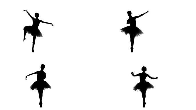 芭蕾舞短裙中的年轻芭蕾舞演员展示了她的技巧，剪影
