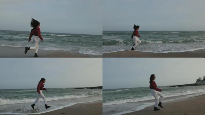 女孩穿着鞋子在海浪上奔跑