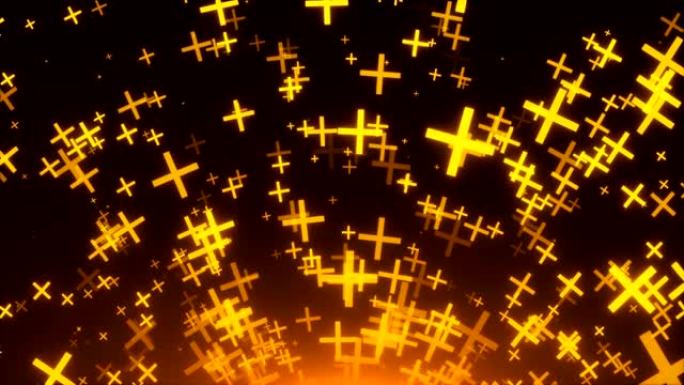 许多金十字架在空间，3d渲染背景，粒子的金色爆炸，计算机生成