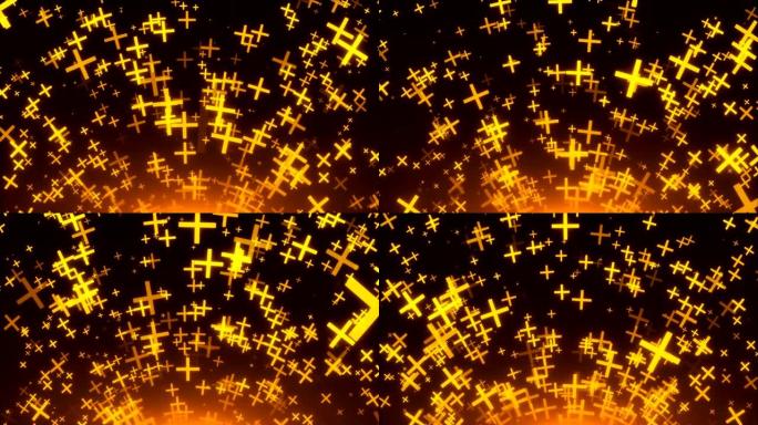 许多金十字架在空间，3d渲染背景，粒子的金色爆炸，计算机生成