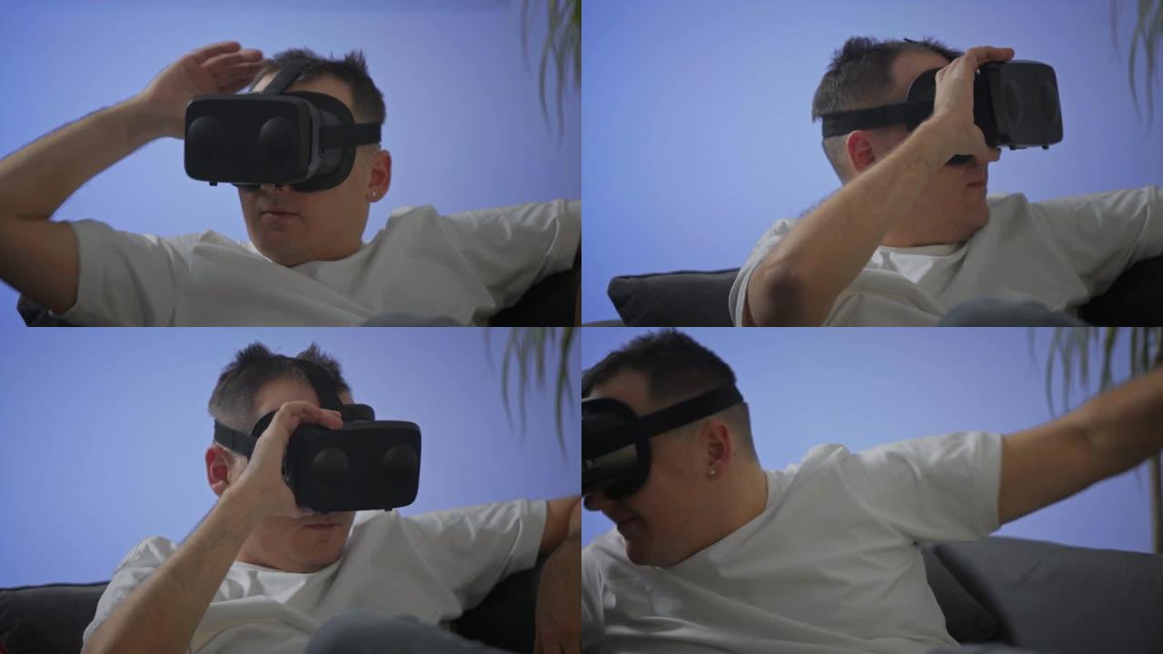 穿着白衬衫的男人在沙发上享受虚拟现实谷歌