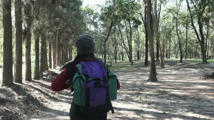 徒步旅行者女人在树林里奔跑
