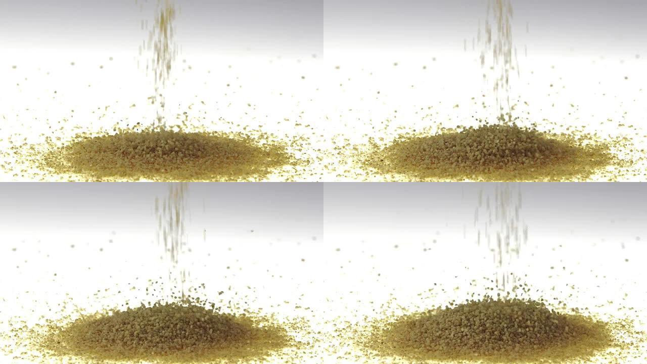 180fps超慢动作蒸粗麦粉落在白色表面上
