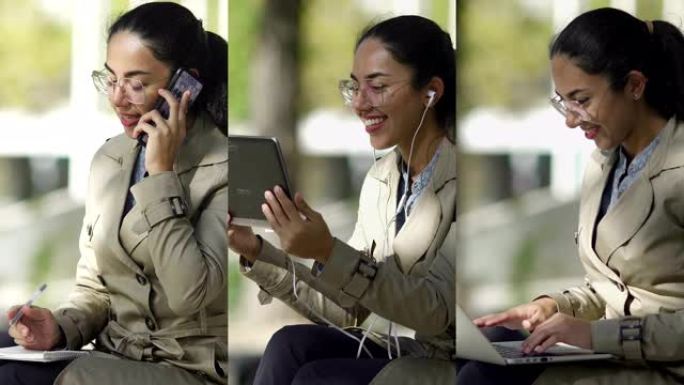 女人在电话里聊天，在外面视频聊天的拼贴