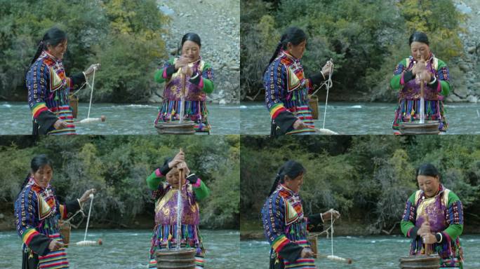 藏族妇女河边纺线织布打酥油茶劳作生活中景