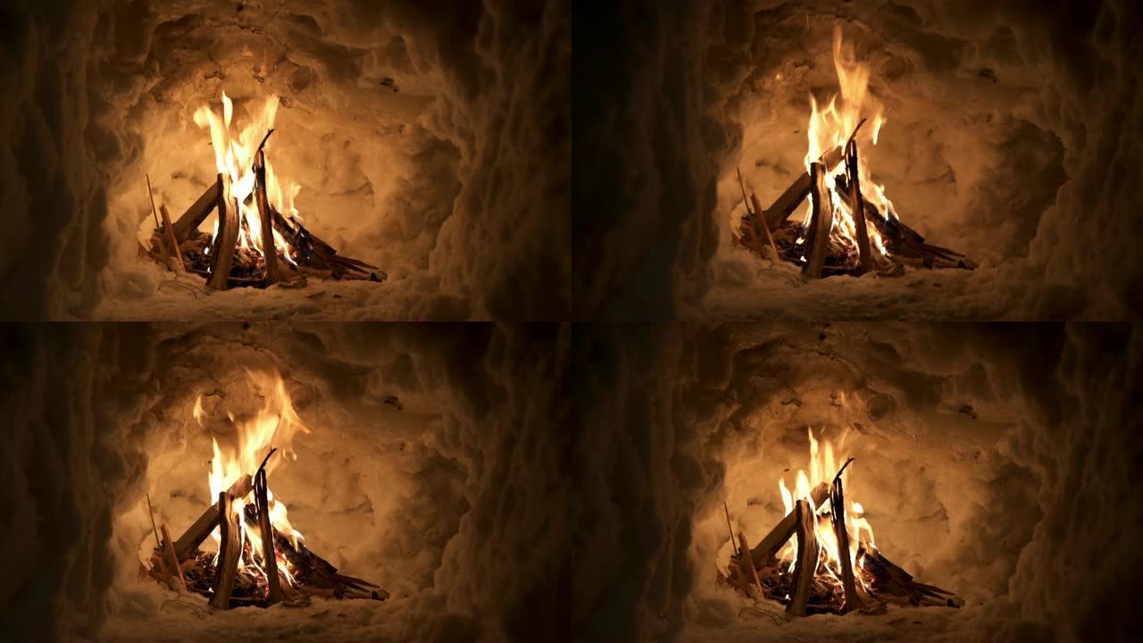 生存专家点燃的火在寒冷的夜晚提供热量