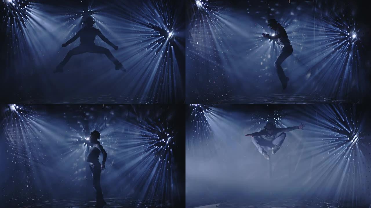 专业舞者在美丽的真实背景上跳舞和跳跃。慢动作。在红色史诗电影相机上拍摄。
