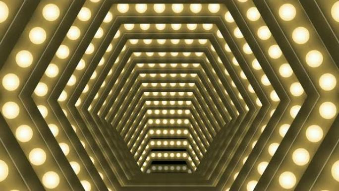 隧道白炽灯泡盒框架六边形运动图案，复古3D虚拟风格插图在黑暗背景中发光无缝循环动画4K，带复制空间