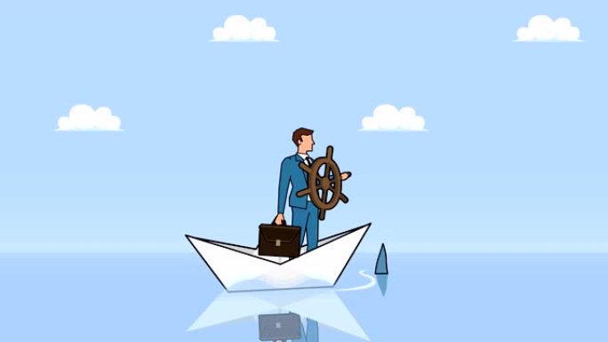 平面卡通商人角色，掌舵轮漂浮在纸船上，鲨鱼商业控制概念动画