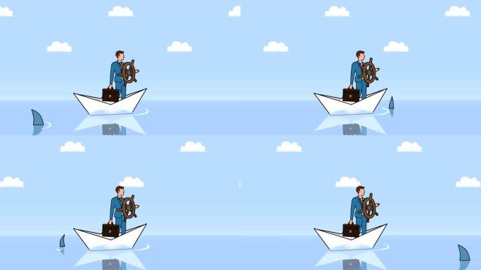 平面卡通商人角色，掌舵轮漂浮在纸船上，鲨鱼商业控制概念动画