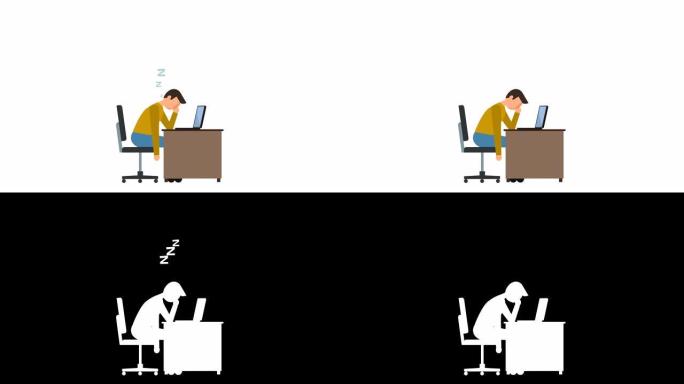 简笔画象形图男子在笔记本电脑角色平面动画附近睡觉