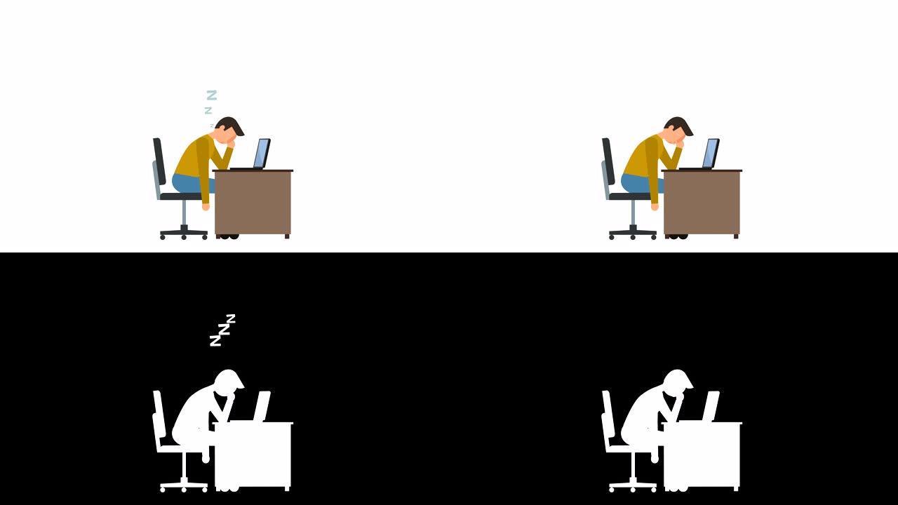 简笔画象形图男子在笔记本电脑角色平面动画附近睡觉