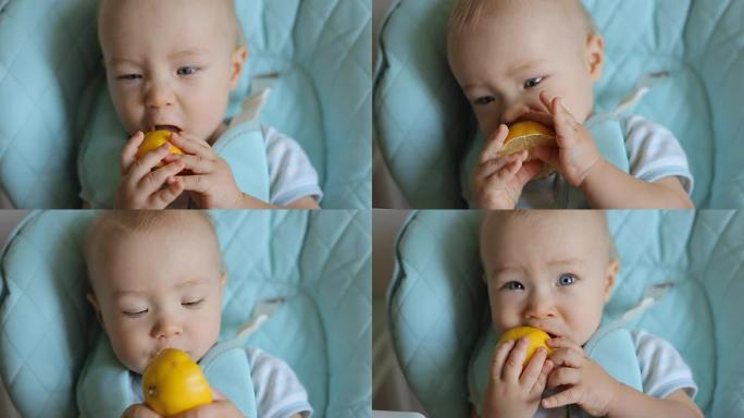 可爱的小男孩吃柠檬