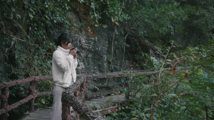 年轻的女探险家在奥布光国家公园的木桥上徘徊，并使用DSLR拍摄周围美丽的风景。