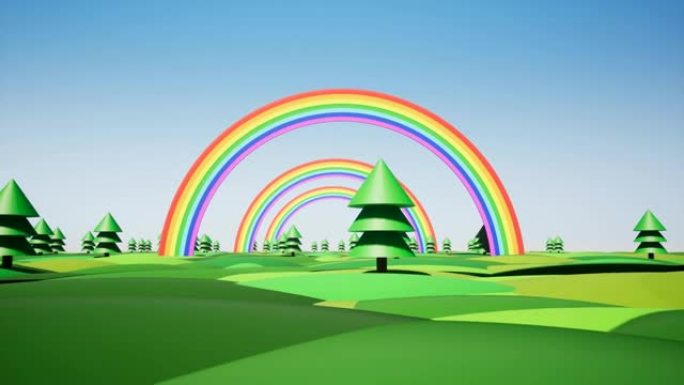 带彩虹和塑料树的塑料岛4k