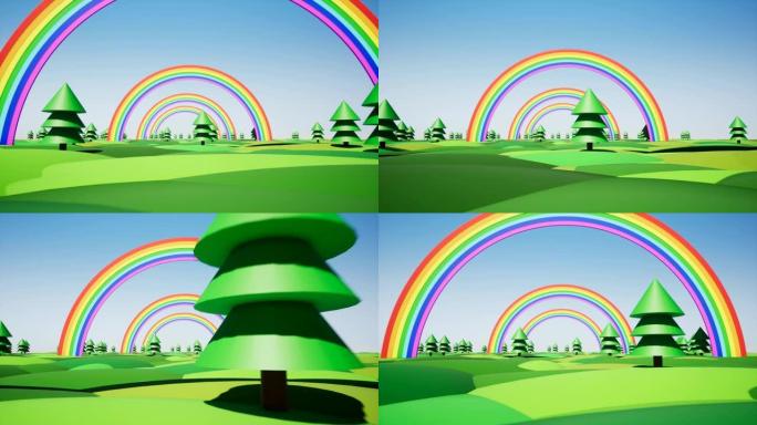 带彩虹和塑料树的塑料岛4k