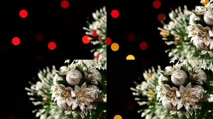 不寻常的花装饰-圣诞树上的圆形玩具，bokeh，浅色，黑色，花环，凸轮向右移动
