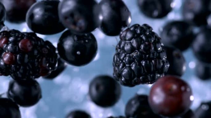 黑莓和蓝莓。慢动作。