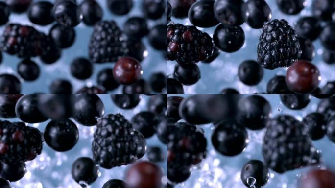 黑莓和蓝莓。慢动作。