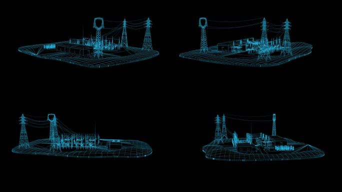 蓝色线框全息科技发电厂动画带通道