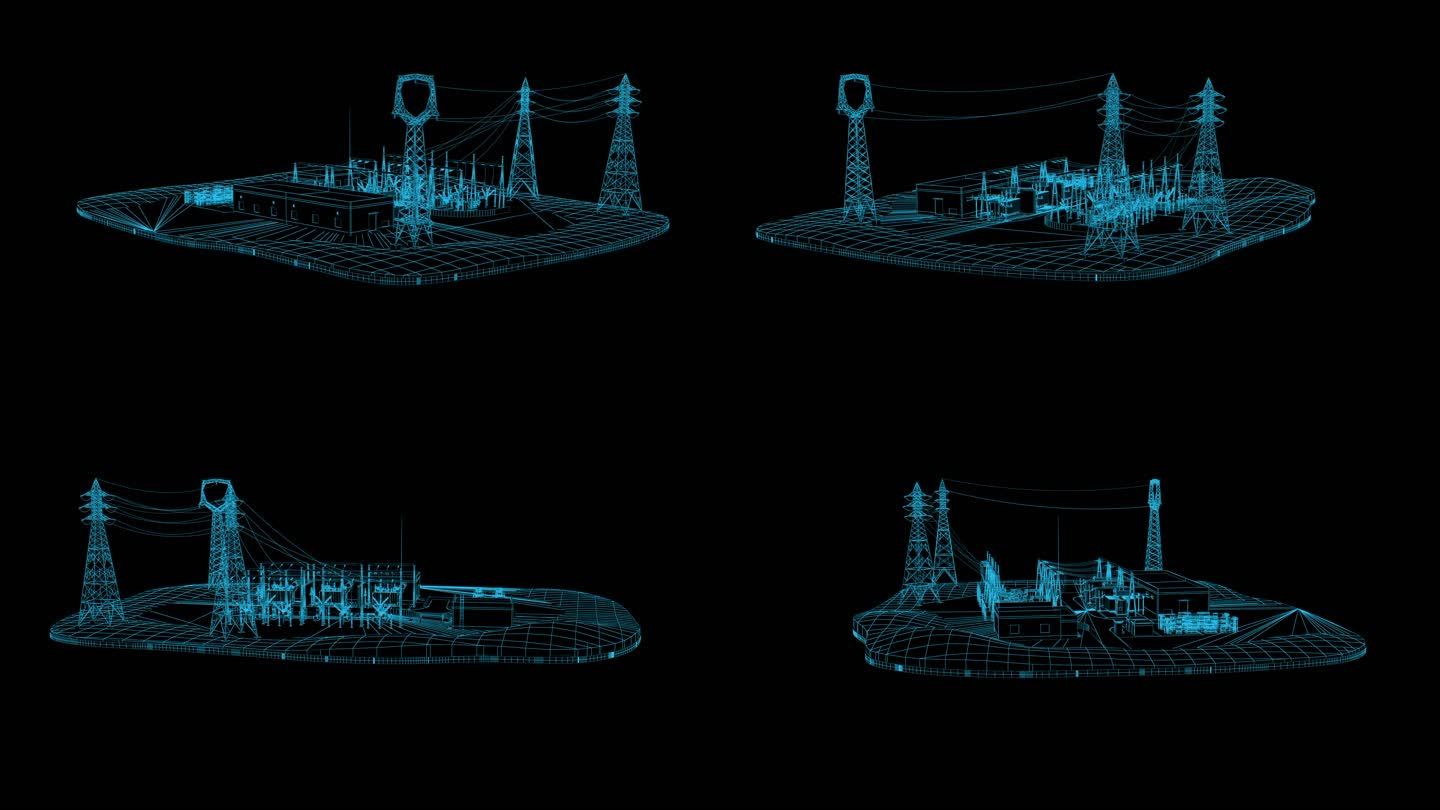 蓝色线框全息科技发电厂动画带通道