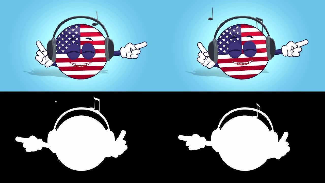 美国卡通图标国旗美国听音乐与脸部动画