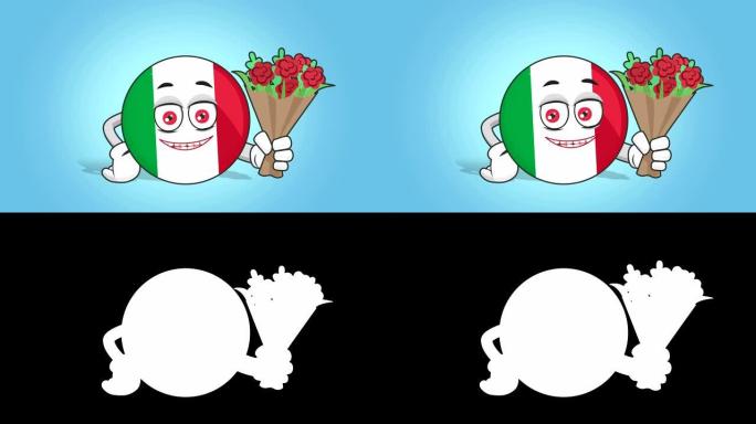 卡通图标旗意大利鲜花花束与阿尔法哑光动画