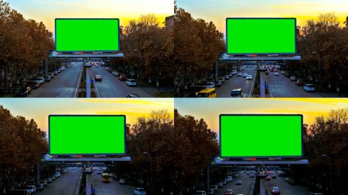 日落时快速行驶的汽车背景上带有绿色色度键的广告牌。延时视频。摄像机正在接近。
