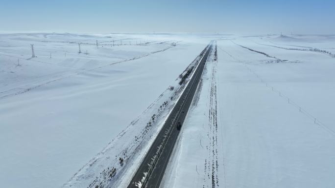 内蒙古呼伦贝尔雪原公路自然风光航拍