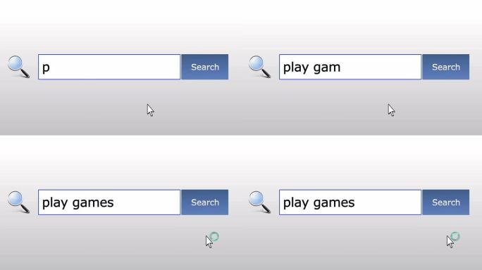 玩游戏-图形浏览器搜索查询，网页，用户输入搜索相关结果，计算机互联网技术。网页浏览打字字母，填写表格
