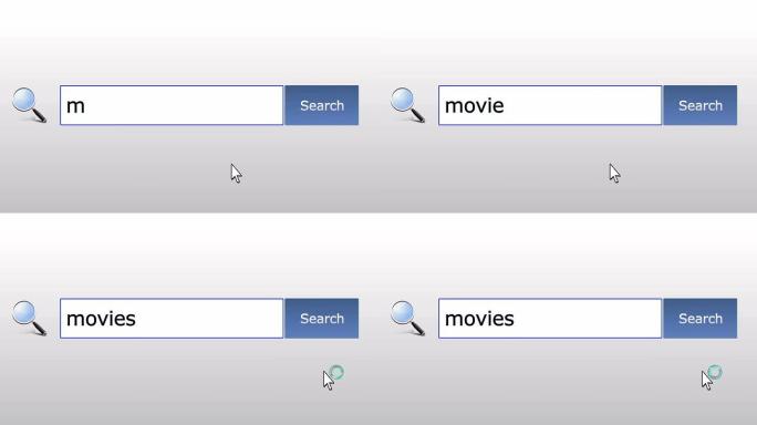 电影-图形浏览器搜索查询，网页，用户输入搜索相关结果，计算机互联网技术。网页浏览打字字母，填写表格按