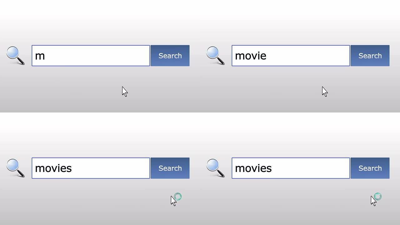 电影-图形浏览器搜索查询，网页，用户输入搜索相关结果，计算机互联网技术。网页浏览打字字母，填写表格按