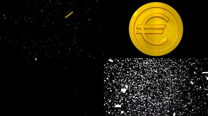 带有alpha通道的黄金粒子中出现的动画3D欧元硬币