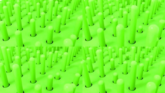 3D形状圆柱形飞行介绍孔在绿色柔和的颜色。4k无缝循环渲染动画。