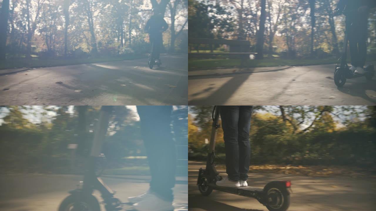 阳光公园使用电动滑板车的头盔男子慢动作