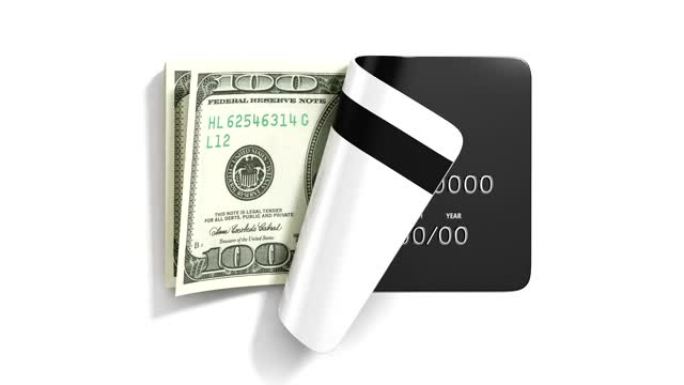 现金提取的概念用卡支付美元从白色的顶视图3d渲染从卡中掉出来