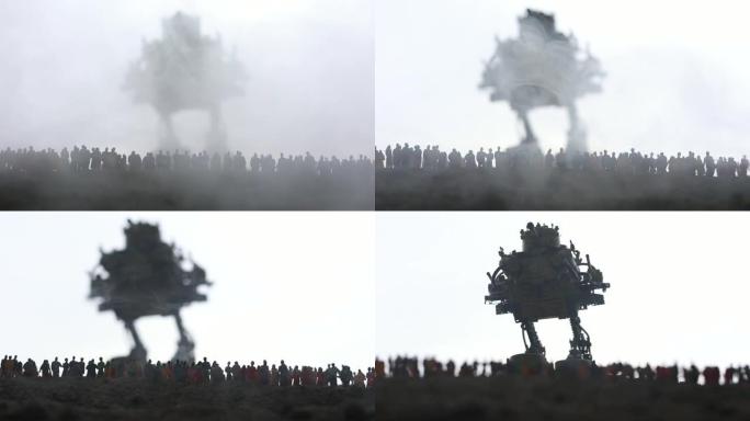 艺术品装饰。巨型机器人的轮廓在日落时准备攻击人群。未来主义的半机械人会攻击害怕的人的恐怖观点。选择性