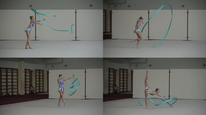 艺术体操: 用丝带训练体操的女孩