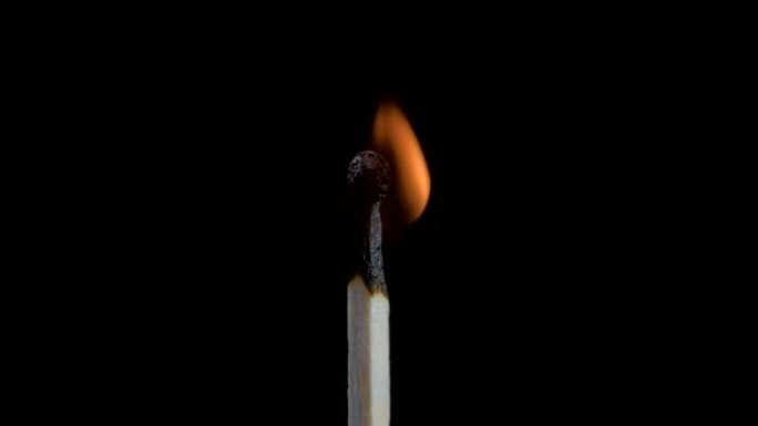 匹配自燃，燃烧并熄灭。燃烧木制火柴和火焰特写在黑色背景上壮观地燃烧着火，直到最后留下烧焦的木头火柴。