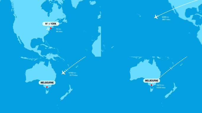 纽约到墨尔本的航班旅行路线
