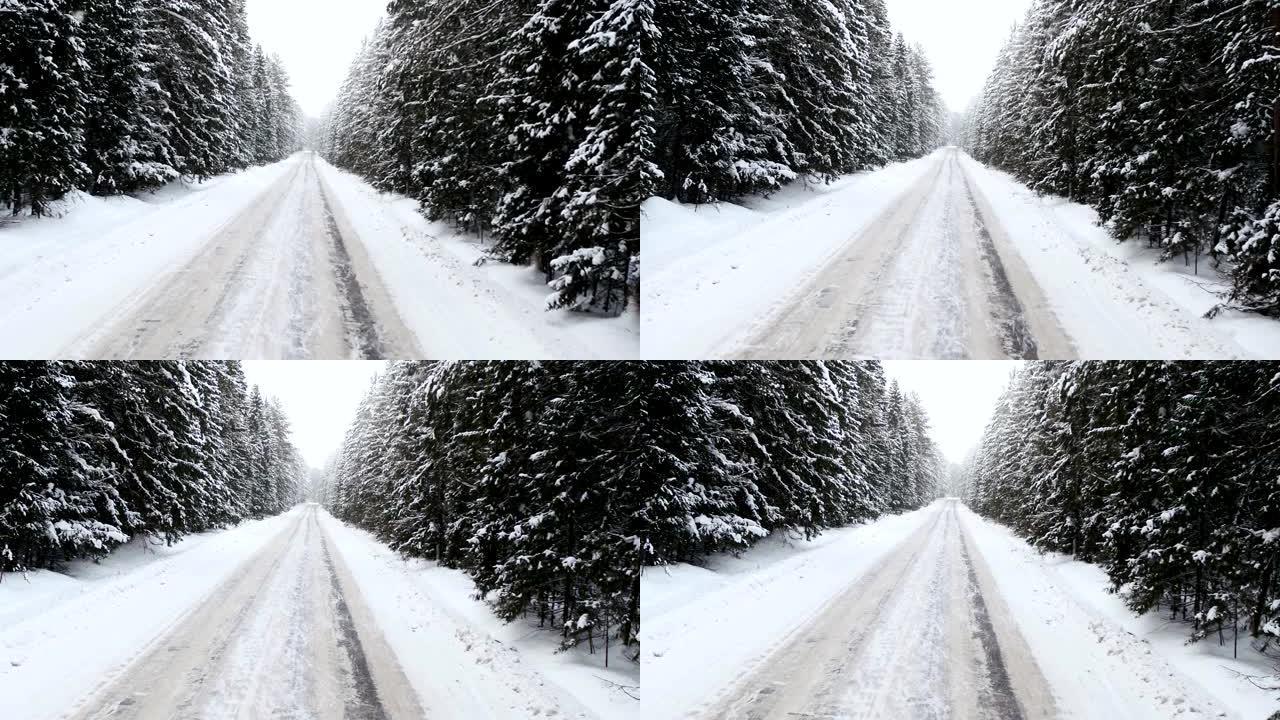 冬季道路被雪覆盖，航拍镜头