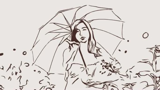 动画卡通素描，女人在野外放松的面部表情，吹一个吻和你好再见标志，撑伞