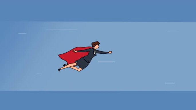 平面卡通女商人角色红色斗篷飞行超级英雄进入出口钥匙孔商业成功概念动画