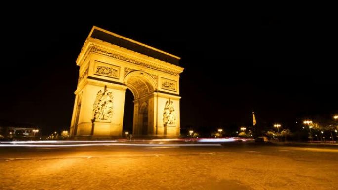 夜间凯旋门延时视频，巴黎